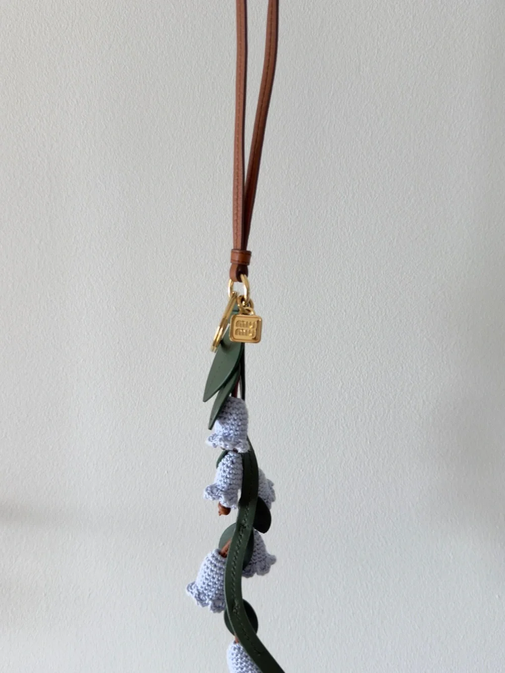 Miu Miu Brown Leather Strap Key & Floral Charm with Green Leaves